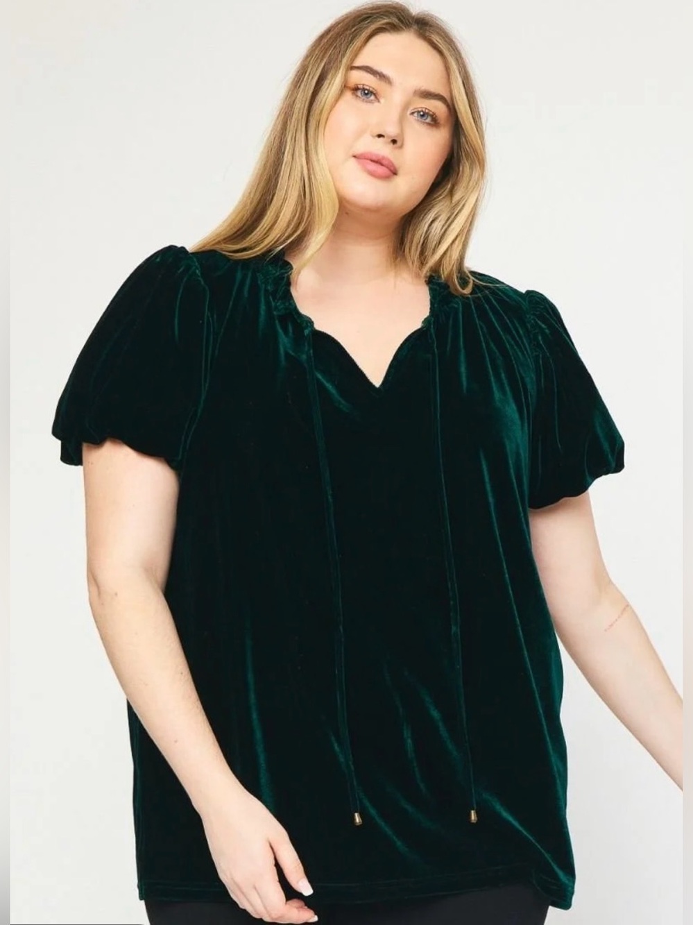ENTRO Puff Sleeve Velvet Tie Neck Top - Small